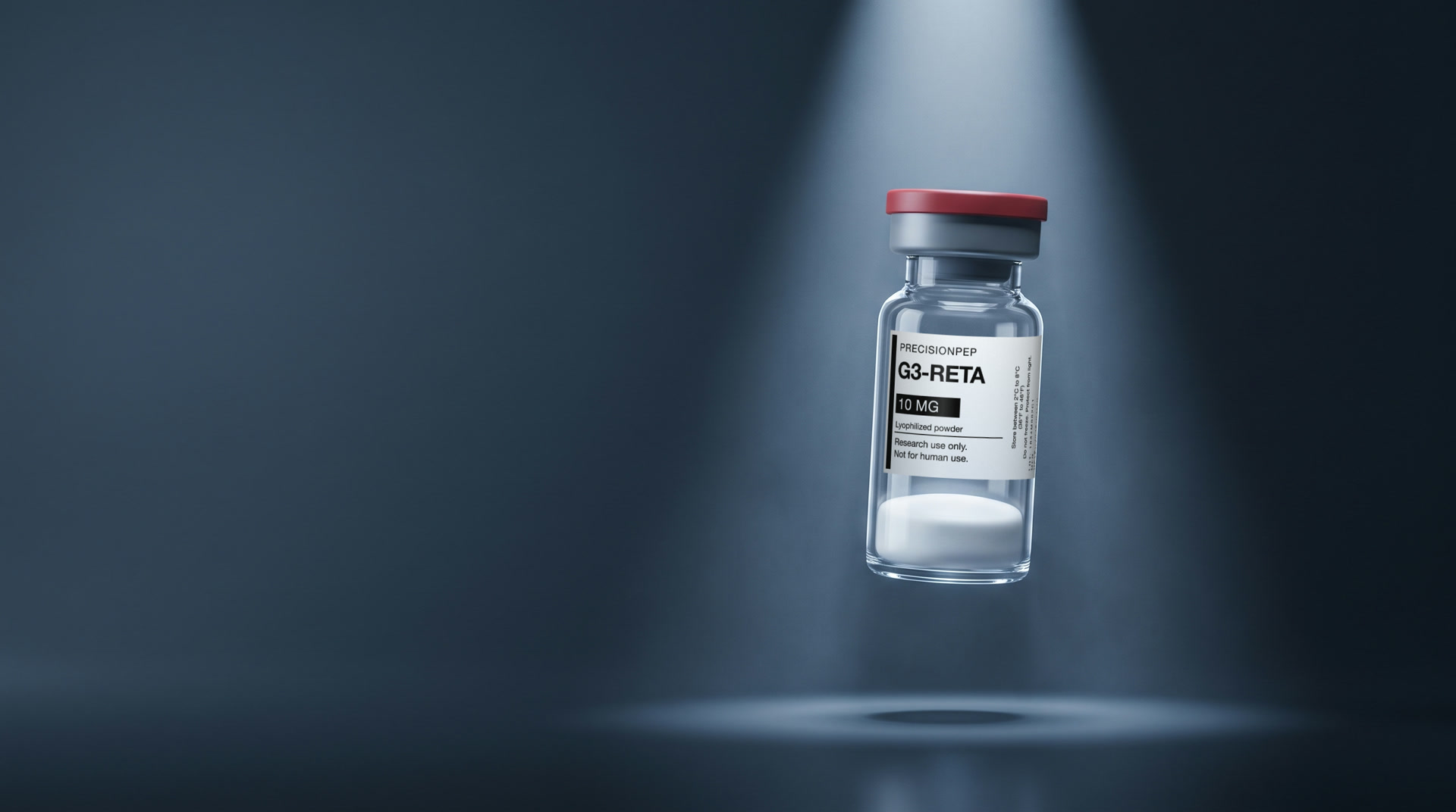 A sealed PrecisionPep research vial with a red cap floating in a cool spotlight