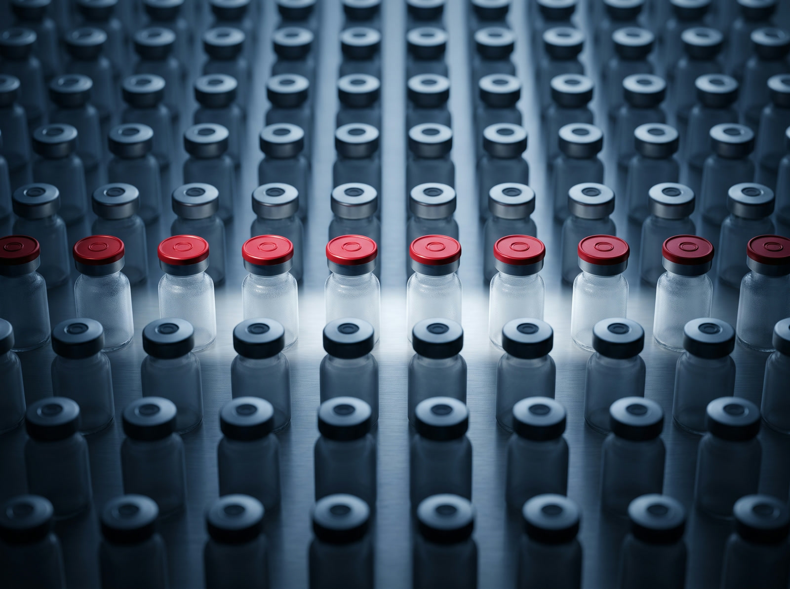 Rows of sealed glass research vials on brushed steel in cool light